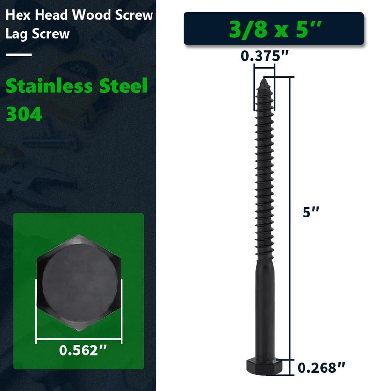 RoyceMart 8-Sets 3/8 x 5 Black Hex Head Lag Screws & Flat Washers, Heavy Duty Wood Lag Screws, 304 Stainless Steel (18-8), 3/8" Bolt - Image 2